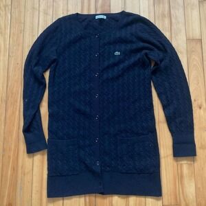 Lacoste Cable Knit Cardigan Dress Black Croc Logo Button Front Womens size 40